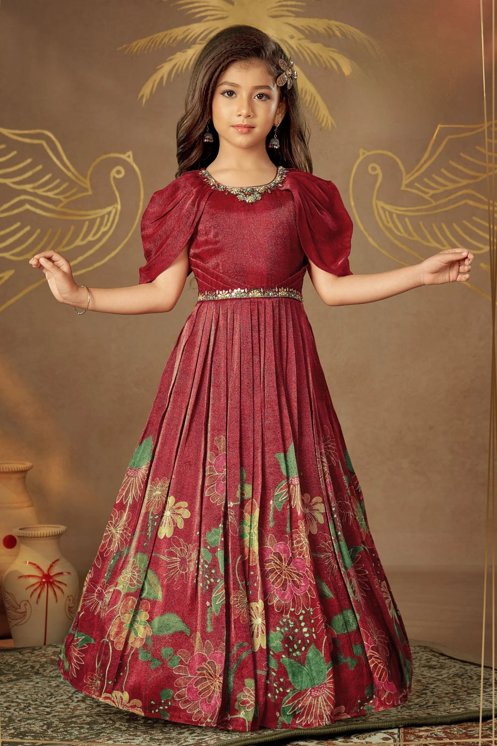 Maroon Mirror, Stone and Thread work with Digital Print Long Party Gown